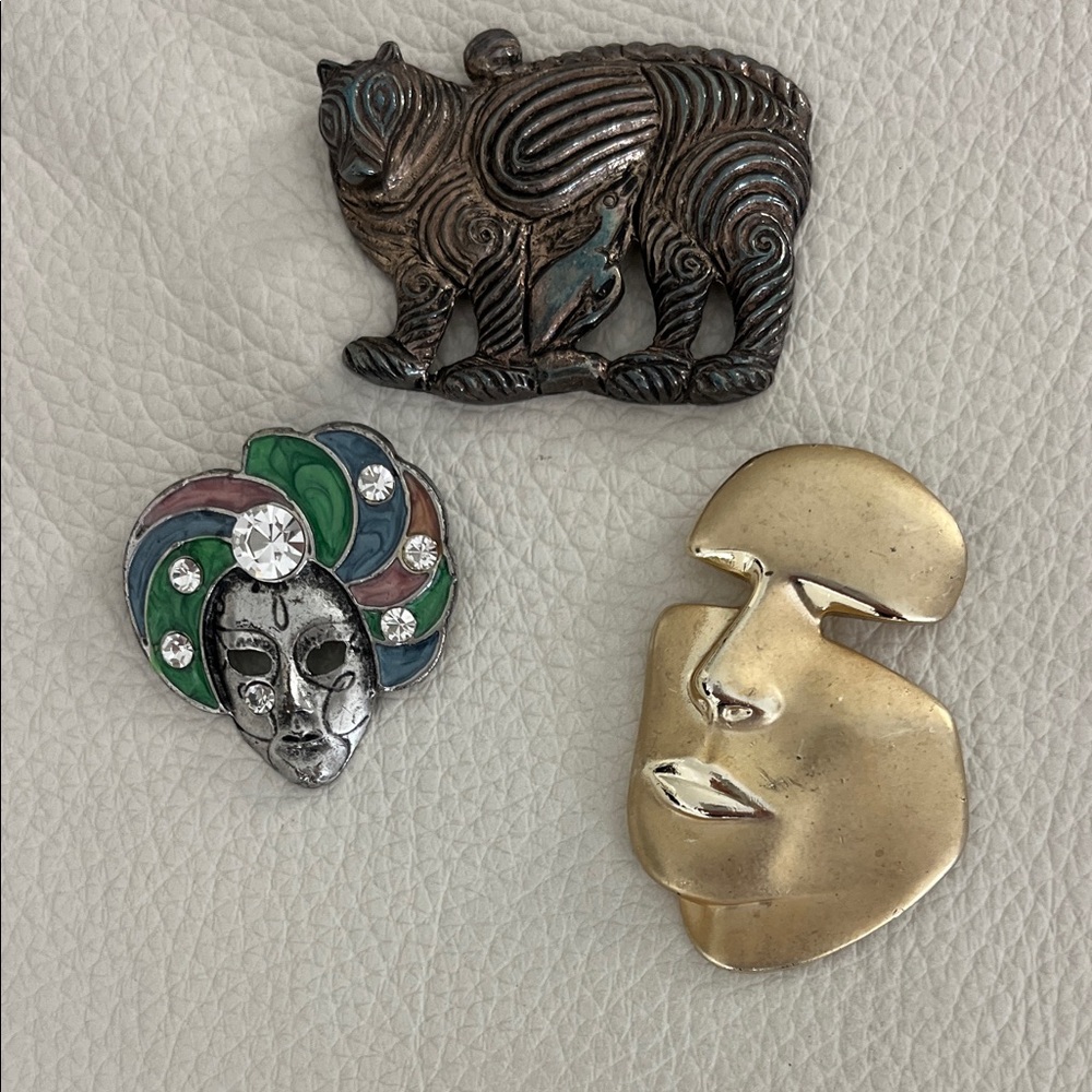 Vintage Brooch Set with Animal and Face Designs